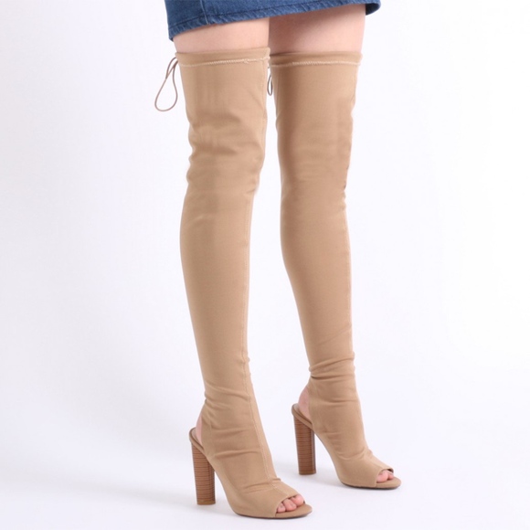 Public Desire Shoes - PUBLIC DESIRE NUDE SIDNEY PEEPTOE SOCK FIT BOOTS